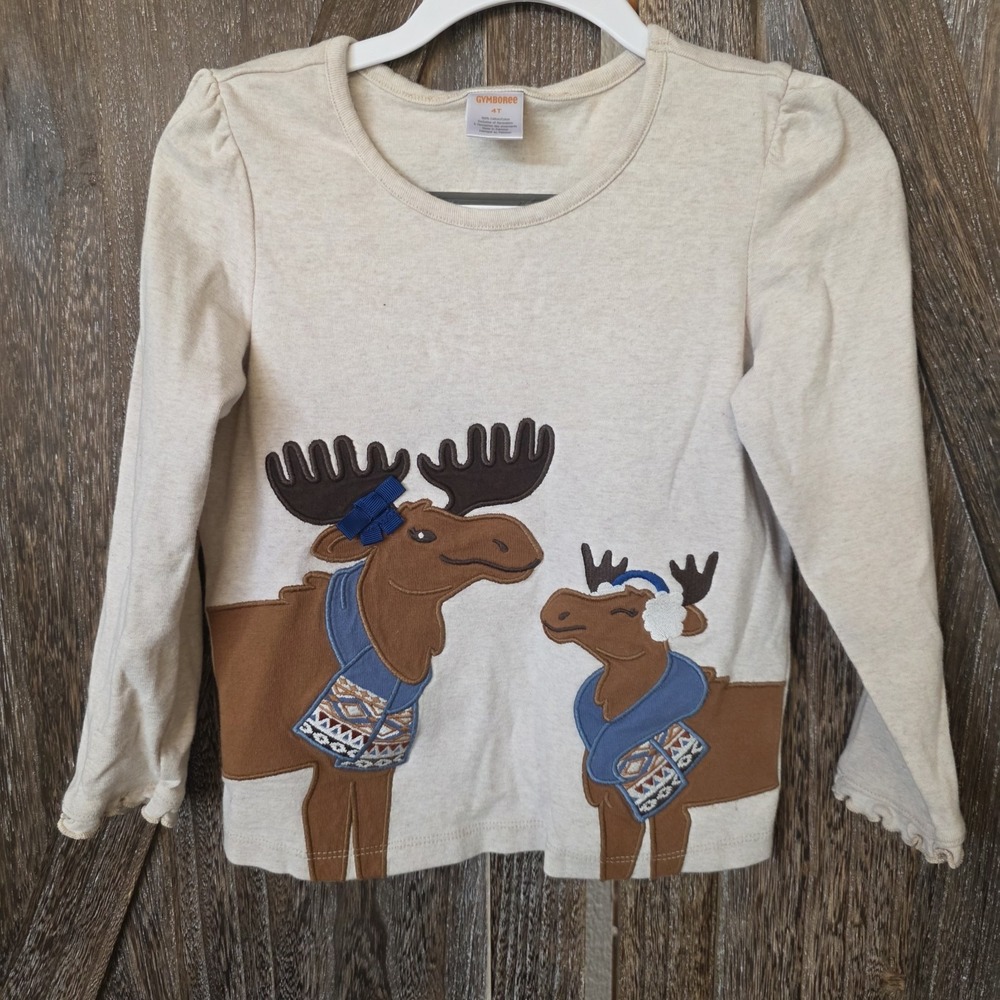 Gymboree Shirt Girl's‎ Size 4T Ivory Moose Applique Long Sleeve Winter Holiday